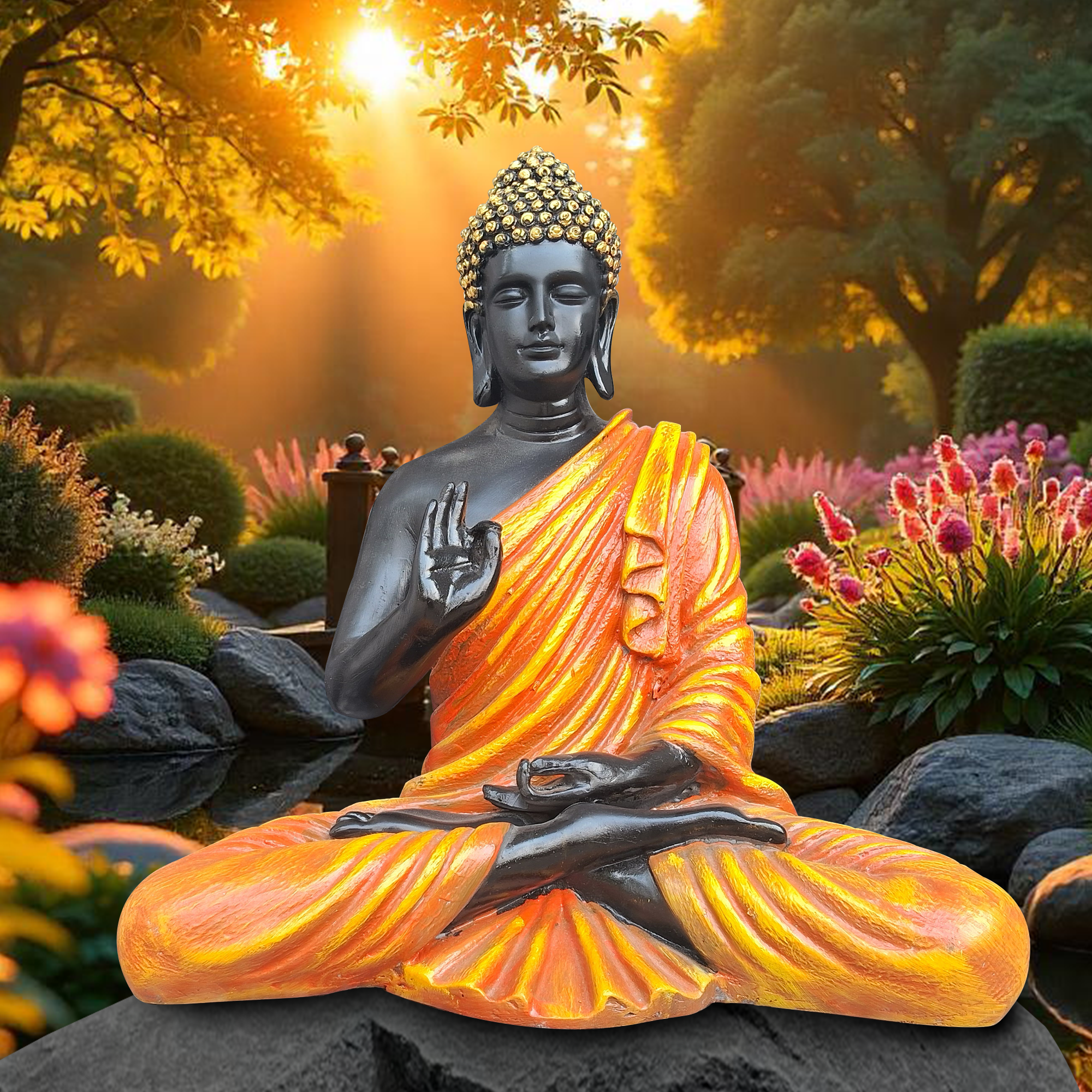 Black & Orange Meditating Buddha Statue – 14 x 12.5 x 7 inch - Image 2