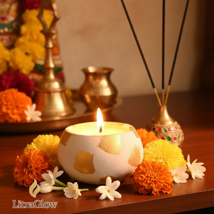 LitraGlow White & Gold Handcrafted Decorative Candles (Set of 2) - Image 4